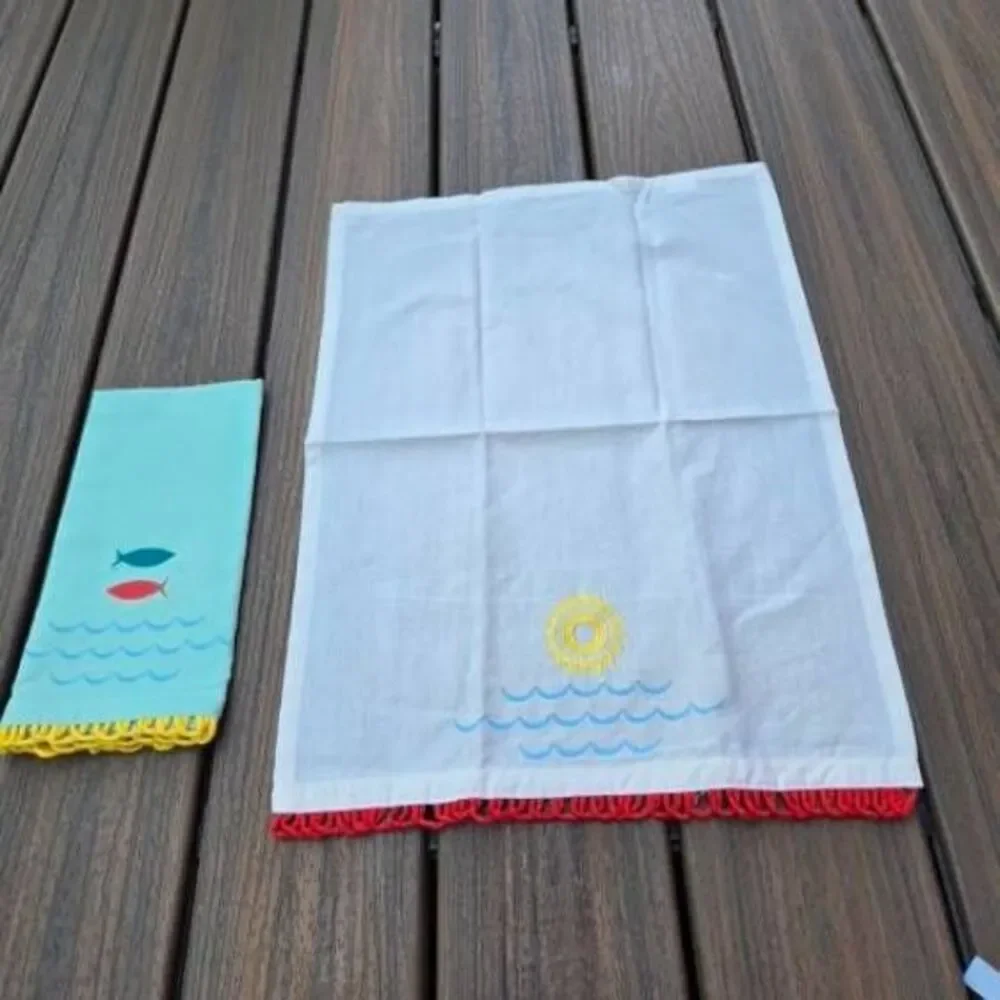 Sun & Sea Waves style tea kitchen towels cotton white teal red fish
